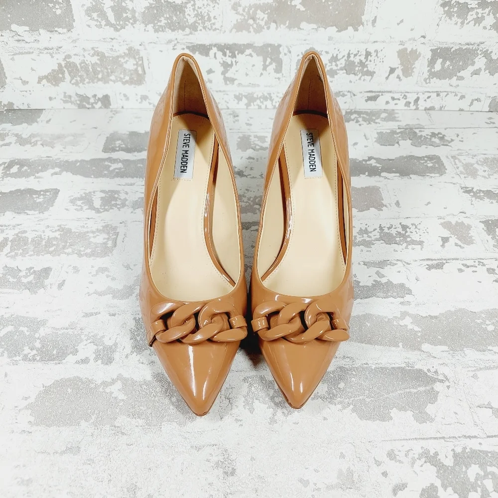 New Steve Madden Lalette Chainlink Pointed Toe Camel Pump Heels O456 - Picture 7 of 12